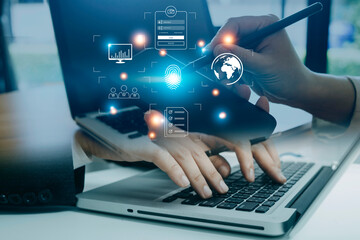 futuristic digital processing of biometric identification fingerprint scanner for access personal financial data. surveillance and security scanning of digital programs cyber futuristic applications