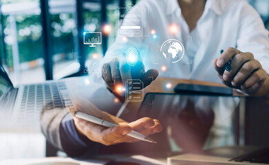 futuristic digital processing of biometric identification fingerprint scanner for access personal financial data. surveillance and security scanning of digital programs cyber futuristic applications