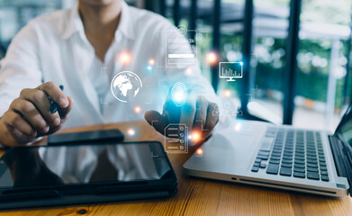 futuristic digital processing of biometric identification fingerprint scanner for access personal financial data. surveillance and security scanning of digital programs cyber futuristic applications