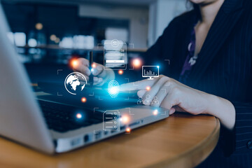 futuristic digital processing of biometric identification fingerprint scanner for access personal financial data. surveillance and security scanning of digital programs cyber futuristic applications