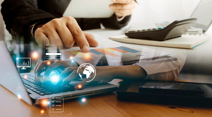 futuristic digital processing of biometric identification fingerprint scanner for access personal financial data. surveillance and security scanning of digital programs cyber futuristic applications