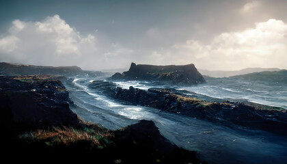 Sea rocky birches of Ireland, cold water, raging sea, fog, waves, ocean. Irish seascape. 3D illustration. - obrazy, fototapety, plakaty