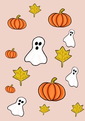Halloween background orange pumpkins, leaves and ghosts on a pink background. Fun illustration to use as seasonal decoration.