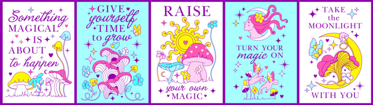 Vivid Alchemy devine boho spring prints and posters. Retro vibrant Mystery graphics with witch, fairy stars, moon, sun, mushrooms, mystical hands. Spring creatures and blooming florals