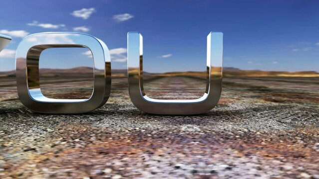 Are you ready 3D cinematic landscape title. 4K 3D render seamless loop Are you ready chrome text with landscape abstract  background. Ending cover for end scence trailer.