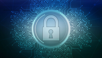Digital Padlock on abstract technology background, Technology security concept. Modern safety digital background. Protection system, Cyber Security and safety information, personal data concept