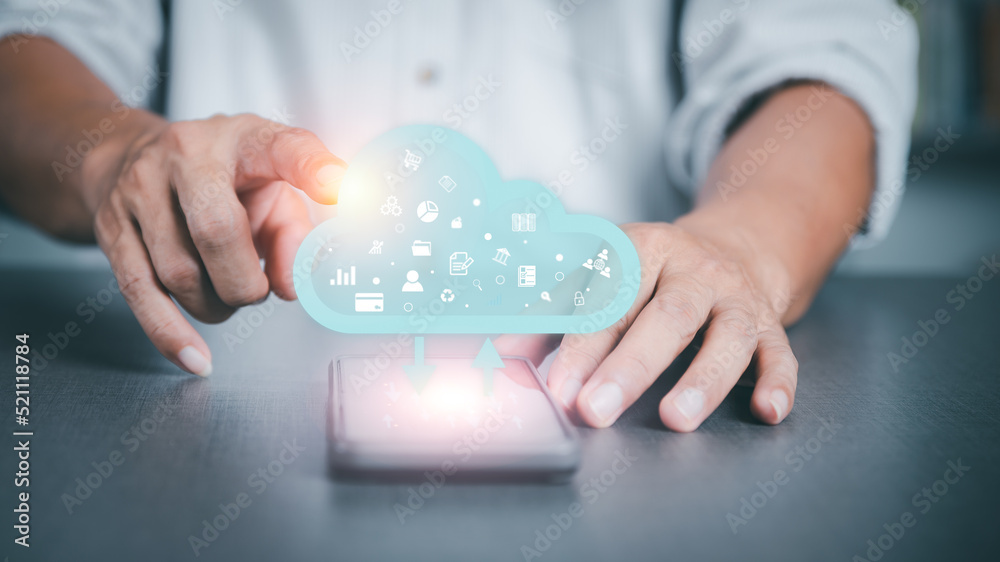 Wall mural businessmen use smartphones to network data communications through cloud databases, manage privacy a