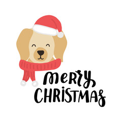 Fototapeta na wymiar Christmas puppy labrador retriever. Cute cartoon illustration with dog lovers quote. We woof you a Merry Christmas. Holidays design elment for greeting cards, stickers, t shirt, poster.