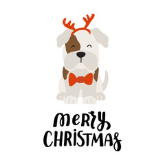 Christmas puppy belldog frances. Cute cartoon illustration with dog lovers quote. We woof you a Merry Christmas. Holidays design elment for greeting cards, stickers, t shirt, poster.