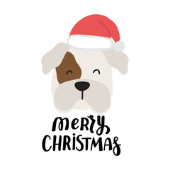Fototapeta na wymiar Christmas puppy belldog frances. Cute cartoon illustration with dog lovers quote. We woof you a Merry Christmas. Holidays design elment for greeting cards, stickers, t shirt, poster.