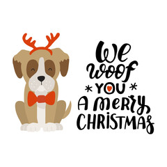 Christmas puppy boxer dog. Cute cartoon illustration with dog lovers quote. We woof you a Merry Christmas. Holidays design elment for greeting cards, stickers, t shirt, poster.