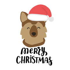 Christmas puppy german shepherd. Cute cartoon illustration with dog lovers quote. We woof you a Merry Christmas. Holidays design elment for greeting cards, stickers, t shirt, poster.