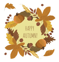 vector illustration in flat style. greeting card with a wreath of autumn leaves, berries and pumpkins and the inscription happy autumn