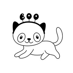 Vector cute halloween cat lies with headband and word Boo. Cartoon spooky kitten clipart for childish design.Outline.Sketch.Isolated on white background.