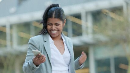 Excited, happy and dancing business woman with phone celebrating deal, promotion and online sale in a city. Smiling, successful and cheerful freelance entrepreneur cheering after winning the lottery - Powered by Adobe