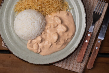 Stroganoff of chicken top view.
