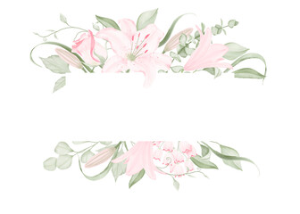 Watercolor floral frame-border with pale pink lilies and light green foliage on a white background, hand-drawn. For wedding invitation, textile, wallpapers, greeting card, scrapbooking, wrapping.