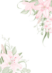 Watercolor floral corner frame with pale pink lilies and light green foliage on a white background, hand-drawn. For wedding invitation, textile, wallpapers, greeting card, scrapbooking, wrapping.