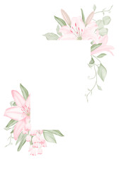 Watercolor floral rectangular frame with pale pink lilies and light green foliage on a white background, hand-drawn. For wedding invitation, textile, wallpapers, greeting card, scrapbooking, wrapping.