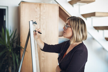 Planning strategy, thinking and writing ideas on whiteboard to market, promote and advertise new startup company. Confident, serious and assertive business woman, manager and boss finding a solution