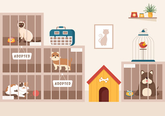 Naklejka premium Animal Shelter Cartoon Illustration with Pets Sitting in Cages and Volunteers Feeding Animals for Adopting in Flat Hand Drawn Style Design