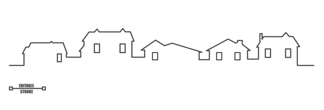 Neighbourhood houses outline panoramic landscape. Continuous one line buildings drawing silhouette. Minimalistic vector illustration.