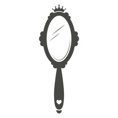 Vintage princess hand mirror in royal style on white background. Retro frame design with crown for baby girl birthday and party. Vector silhouette.