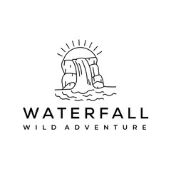waterfall sun rock line art logo vector minimalist illustration design, nature waterfall logo design