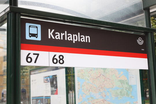 Stockholm, Sweden - September 1, 2021: Close-up view of the Karlsplan bus stop shelter in service for the lines 67 an 68.
