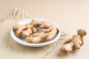 Fresh ginger (Zingiber officinale) or Jahe, a plant whose rhizomes are often used as spices and raw materials for traditional medicine. Predominantly spicy taste.