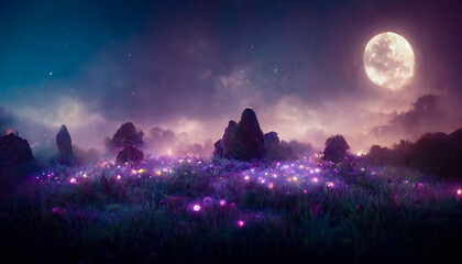 Forêt de fantaisie magique de nuit. Paysage forestier, néon, lumières magiques dans la forêt. Ambiance féérique, brouillard dans la forêt, silhouettes d& 39 arbres. Illustration 3D.