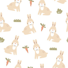 Seamless pattern with cute hares and carrots on a white background. Vector illustration for your design