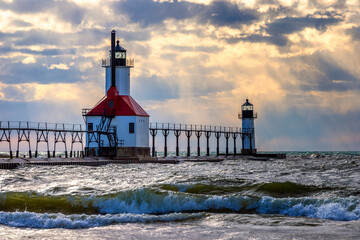 lighthouse on the shore of the lake
