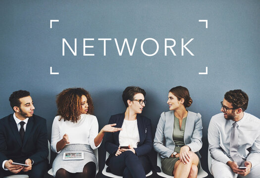 Business People Talking, Networking And Sitting With The Word Network Above. Candid Of A Group Of Young Corporate Professionals In A Conversation Before An Interview And Building Work Relationships