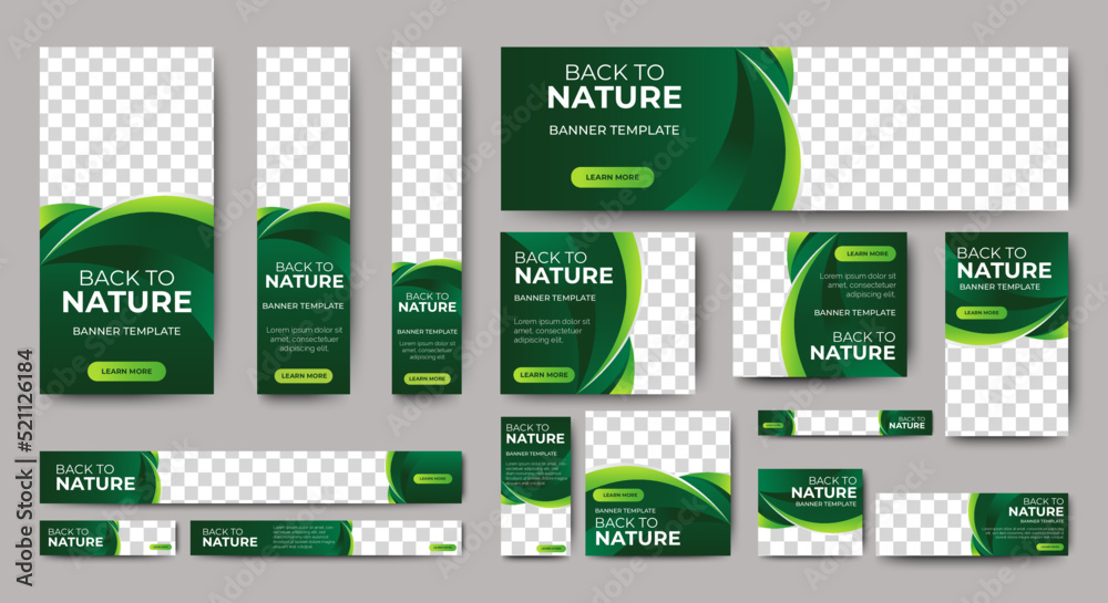 Poster nature banner design web template set, horizontal header web banner. modern gradient green cover hea