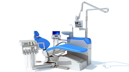 Dental treatment station unit with chair 3D rendering on white background