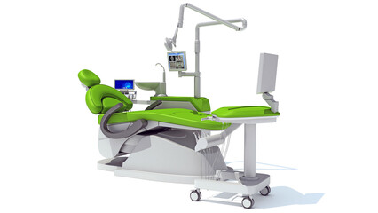 Dental treatment station unit with chair 3D rendering on white background