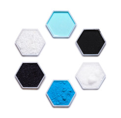 Chemical ingredient in hexagonal molecular shaped container. Hair Conditioner, Carbon Charcoal Powder, Sodium Hydroxide Pellets, Copper (II) Sulfate, Potassium permanganate and Urea.