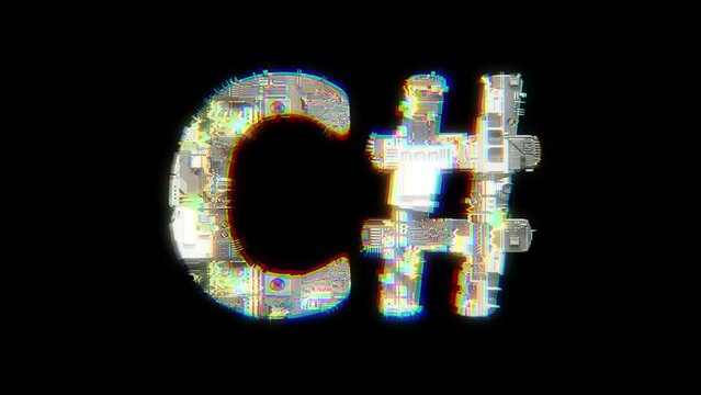 glitch style cybernetic animated text C# on black bg, isolated - loop video