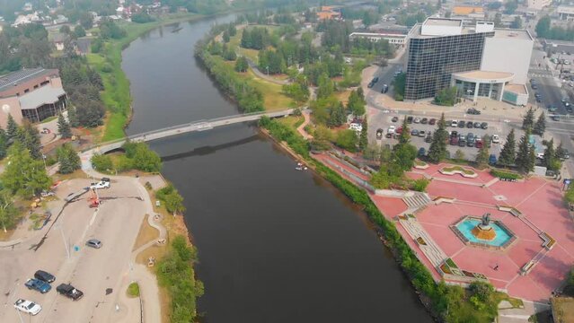 4K Drone Video of the Chena River Viewpoint Bridge in Downtown Fairbanks, Alaska during Summer Day