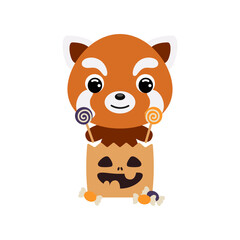 Cute Halloween red panda sitting in a trick or treat bag with candies. Cartoon animal character for kids t-shirts, nursery decoration, baby shower, greeting card, invitation. Vector stock illustration