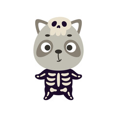 Cute little Halloween raccoon in a skeleton costume. Cartoon animal character for kids t-shirts, nursery decoration, baby shower, greeting card, invitation, house interior. Vector stock illustration