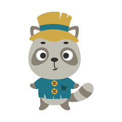 Cute little Halloween raccoon in a scarecrow costume. Cartoon animal character for kids t-shirts, nursery decoration, baby shower, greeting card, invitation, house interior. Vector stock illustration