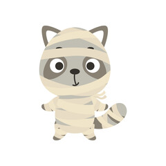 Cute little Halloween raccoon in a mummy costume. Cartoon animal character for kids t-shirts, nursery decoration, baby shower, greeting card, invitation, house interior. Vector stock illustration