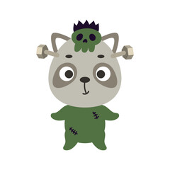 Cute little Halloween raccoon in a Frankenstein costume. Cartoon animal character for kids t-shirts, nursery decoration, baby shower, greeting card, invitation. Vector stock illustration