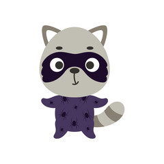 Cute little raccoon in a Halloween costume. Cartoon animal character for kids t-shirts, nursery decoration, baby shower, greeting card, invitation, house interior. Vector stock illustration