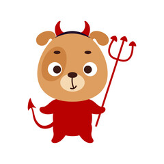 Cute little Halloween dog in a devil costume. Cartoon animal character for kids t-shirts, nursery decoration, baby shower, greeting card, invitation, house interior. Vector stock illustration