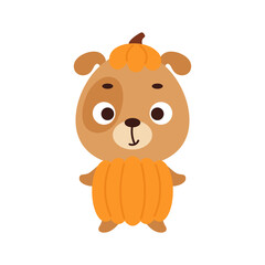 Cute little Halloween dog in a pumpkin costume. Cartoon animal character for kids t-shirts, nursery decoration, baby shower, greeting card, invitation, house interior. Vector stock illustration