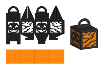 Happy Halloween treat box. Gift party favor box for sweets, candies, small presents, bakery. Simple packaging die cut template for laser cut, great design for any purposes, birthdays, baby showers