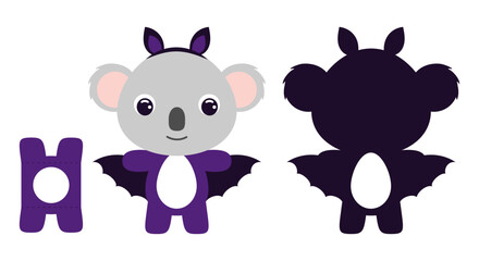 Cute die cut Halloween koala chocolate egg holder template. Cartoon animal character in a bat costume. Retail paper box for the easter egg. Printable color scheme. Vector stock illustration